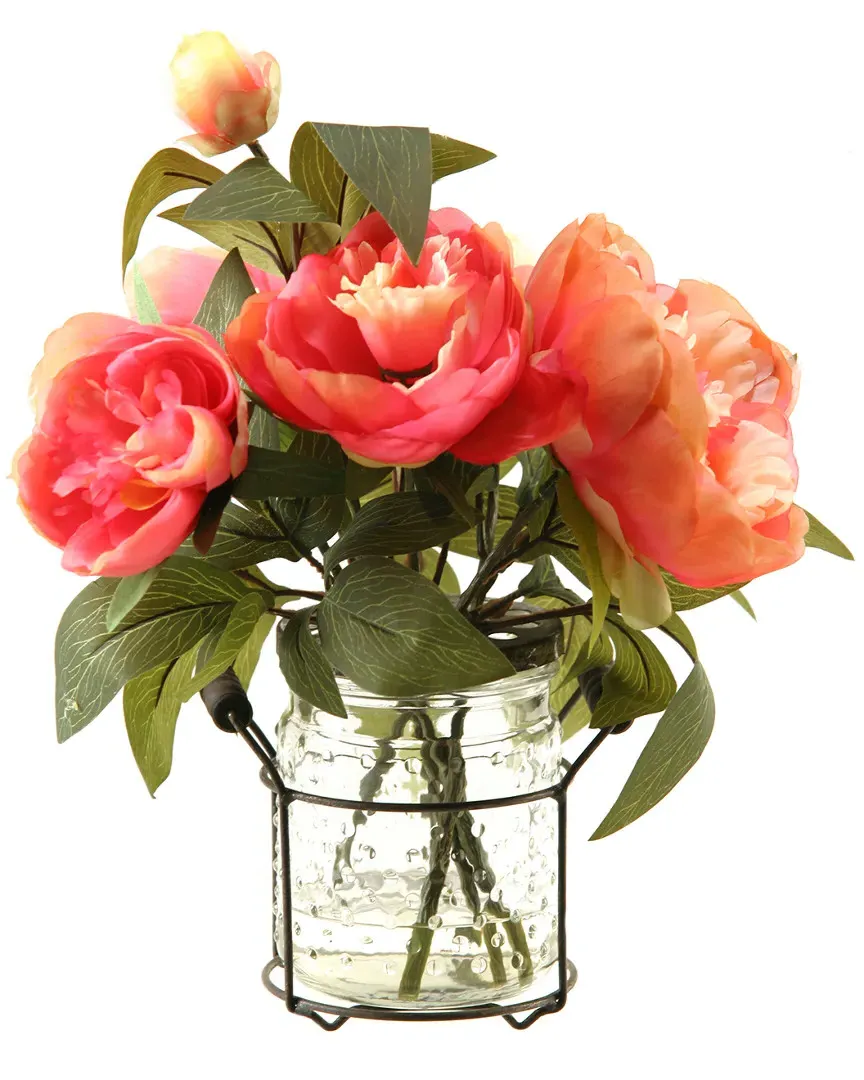 Pink Peonies in Glass Jar with Metal Handle - Pink