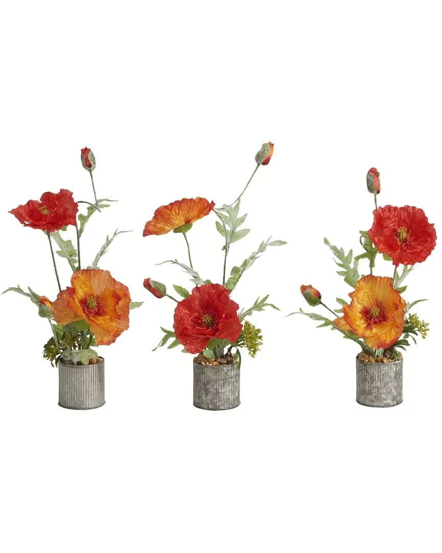 Red and Orange Poppies in Round Planters Set - Orange, Metal image