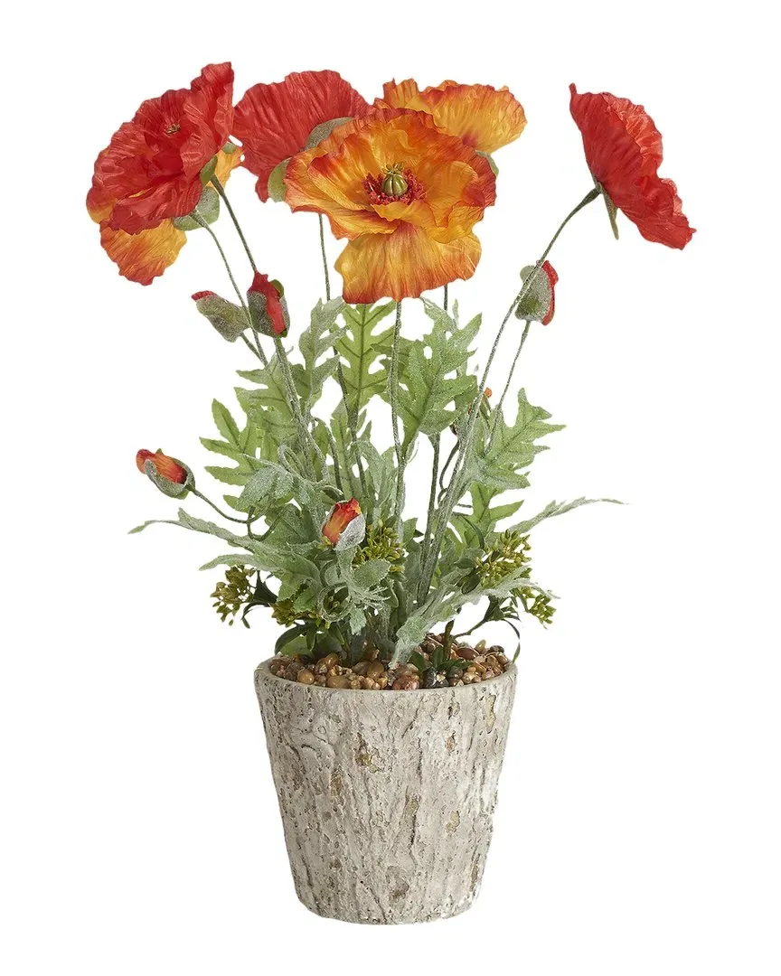 Red and Orange Poppies in Square Planter - Orange, Cement