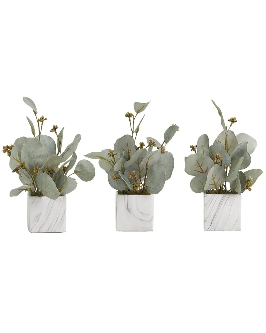 Seeded Eucalyptus Branches in Marbled Ceramic Cube - Set of 3