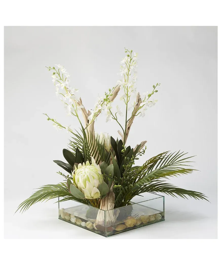 Square Cymbidium Orchids with Greenery - White, Glass