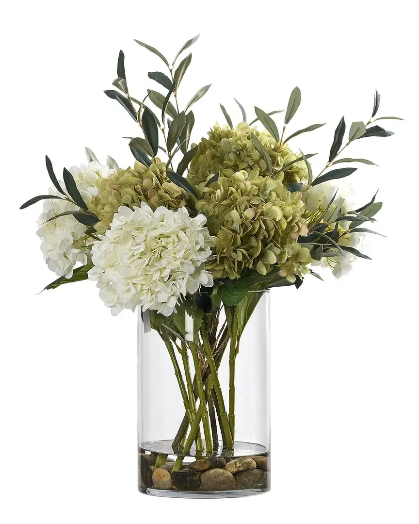 White & Green Hydrangeas with Olive Spray in Large Glass Cylinder image