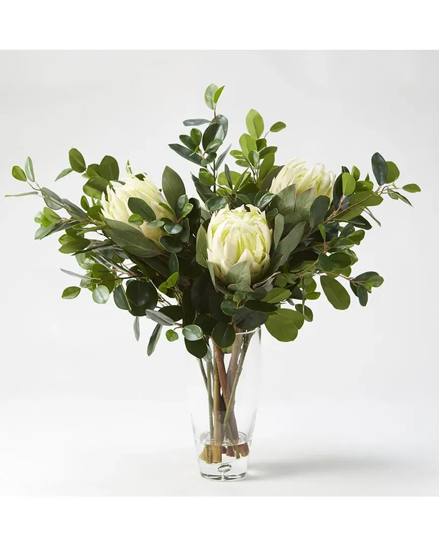 White Proteas with Oriental Ficus Branches in Glass Vase image