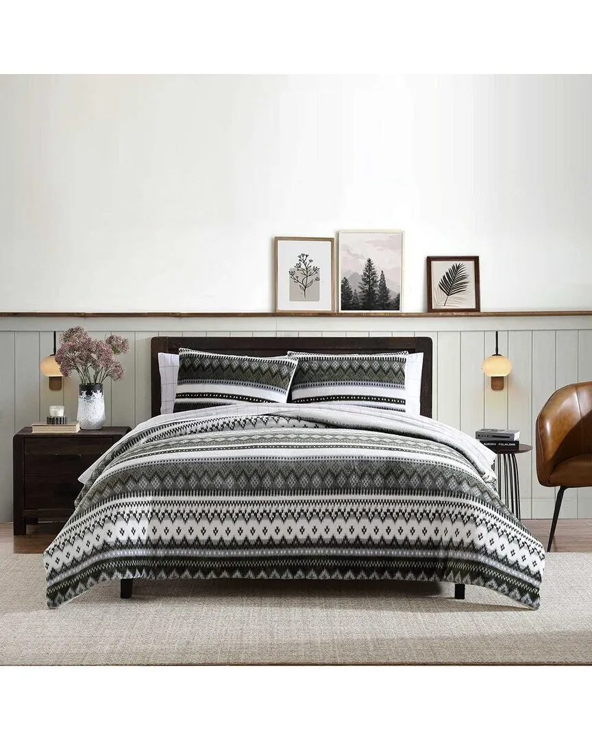 Shelton Fair Isle Plush Comforter Set - White/Olive/Grey