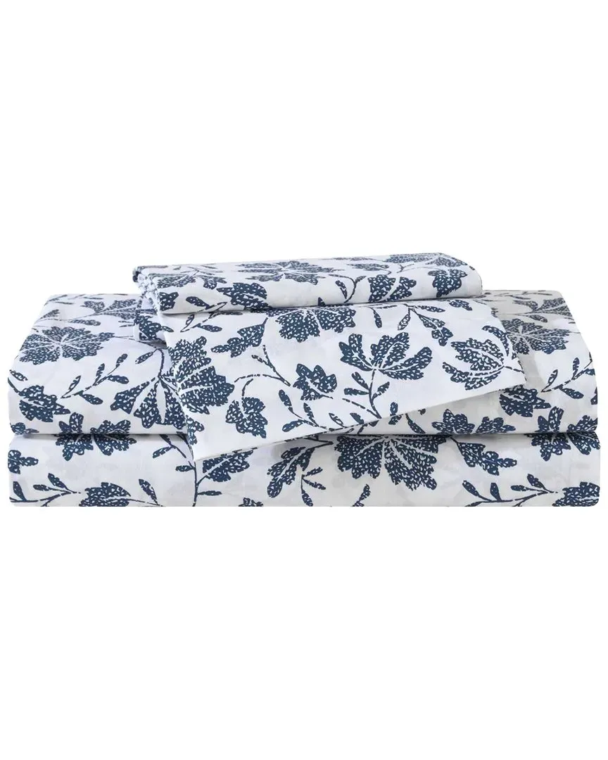 Woodblock Floral Cotton Percale Sheet Set - White, Cotton