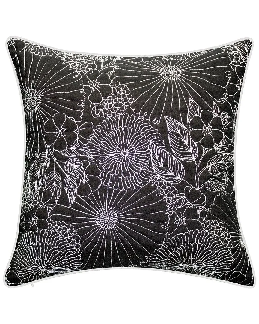 Fine Line Embroidered Floral Decorative Pillow - Black, Polyester image