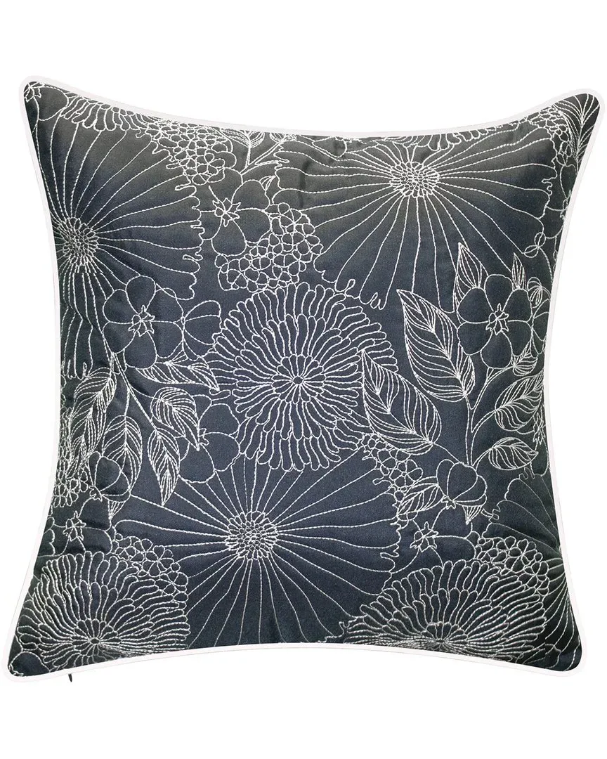 Fine Line Embroidered Floral Decorative Pillow - Navy, Polyester