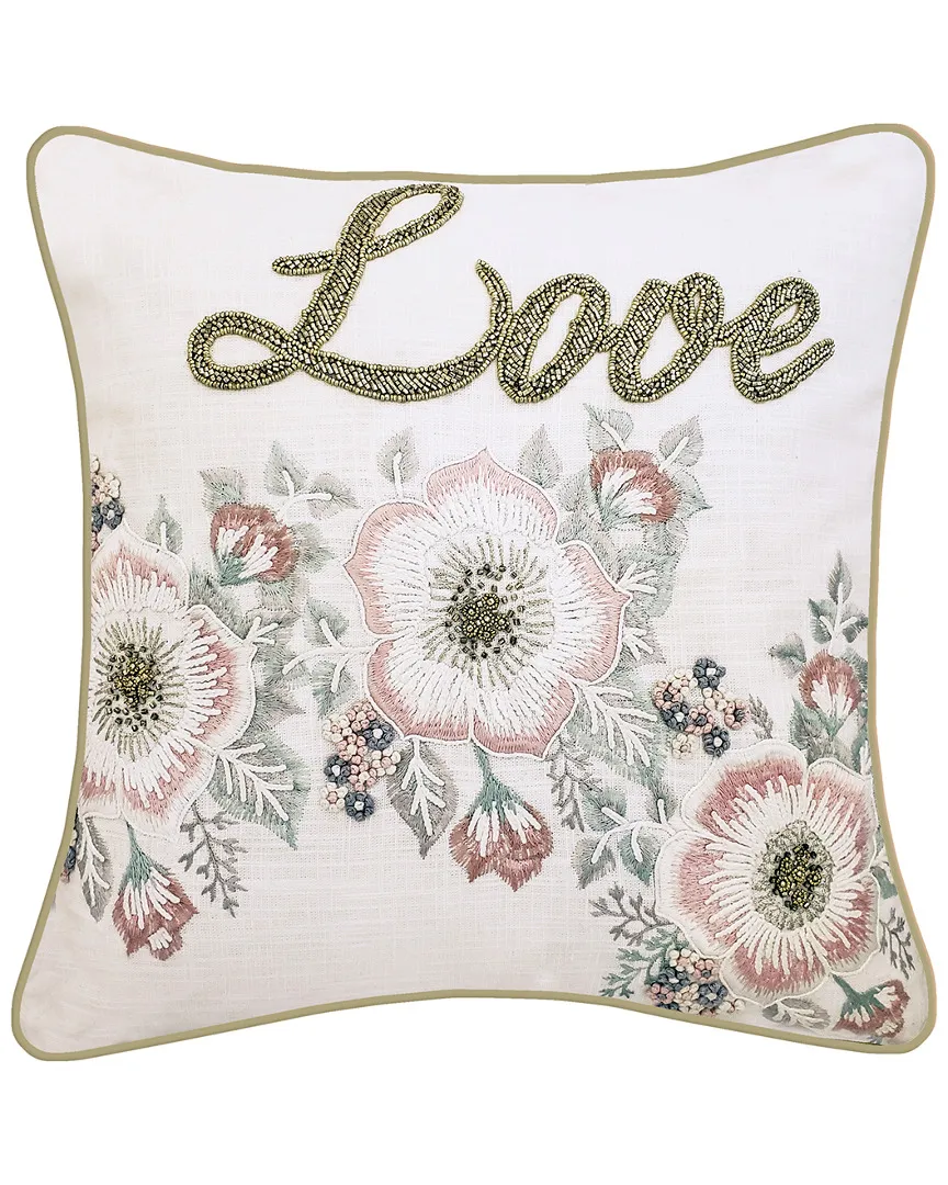 Floral Beaded Love Decorative Pillow - Oyster, Cotton