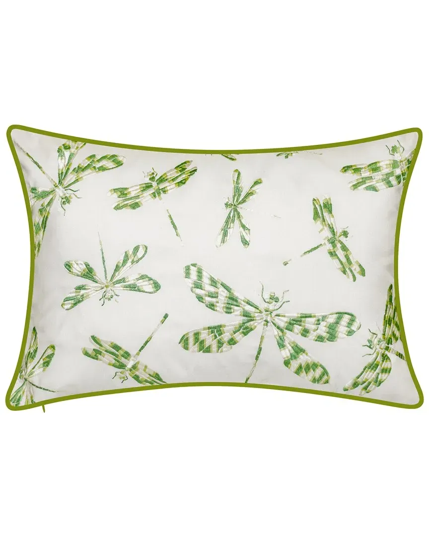Indoor/Outdoor Embroidered Dragonflies Decorative Pillow - White