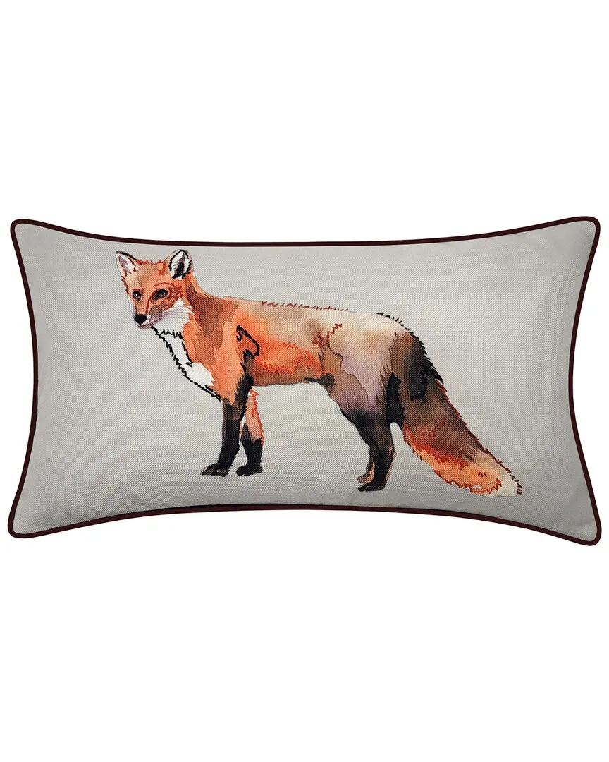 Watercolor Fox Print Lumbar Pillow with Ribbon Embroidery - Brown