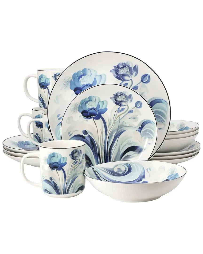 Peony Garden 16pc Round Dinnerware Set - Blue, Porcelain