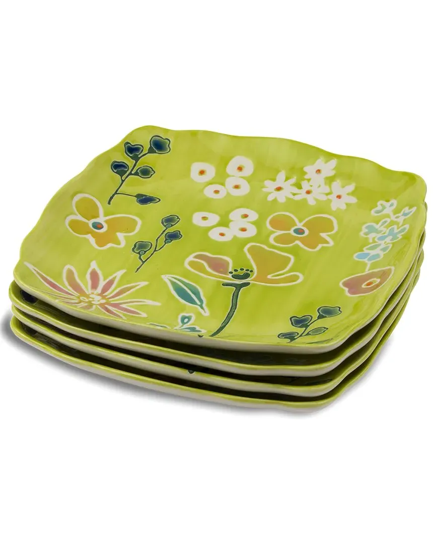 Primavera 4pc Hand Painted Canape Plates Set - Green, Stoneware