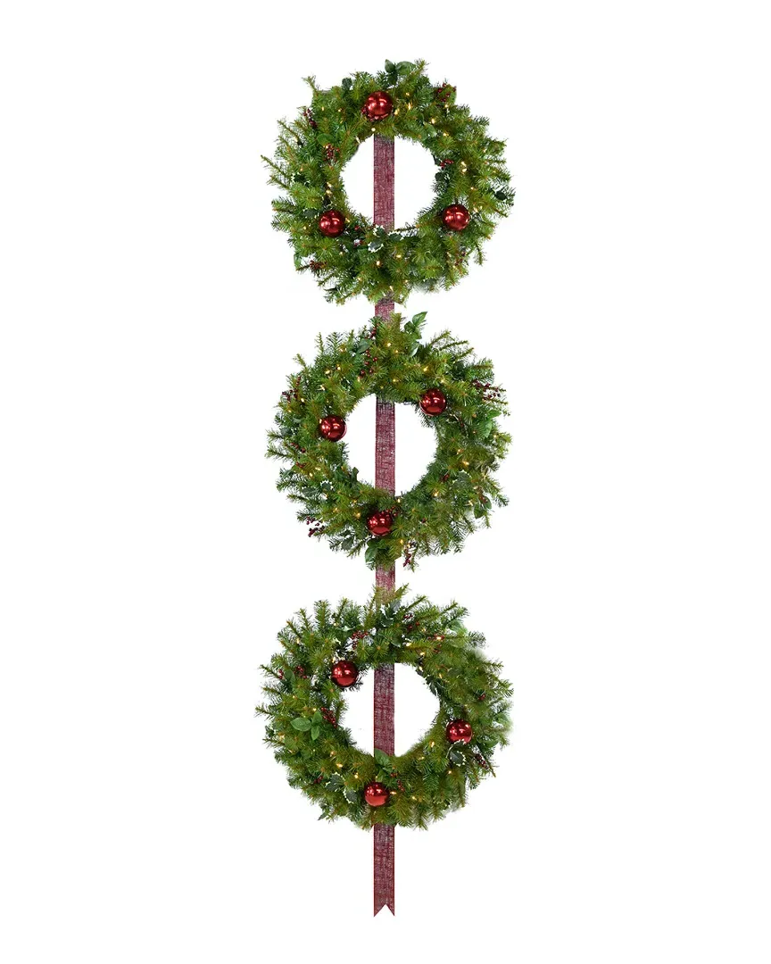 3pc 24in Holly Berry Wreath Set with LED Lights - Green image