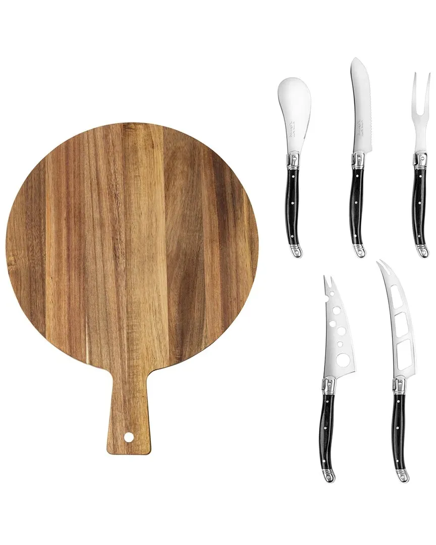 Laguiole 6pc Cheese Knife Set with Round Board - Black, Wood