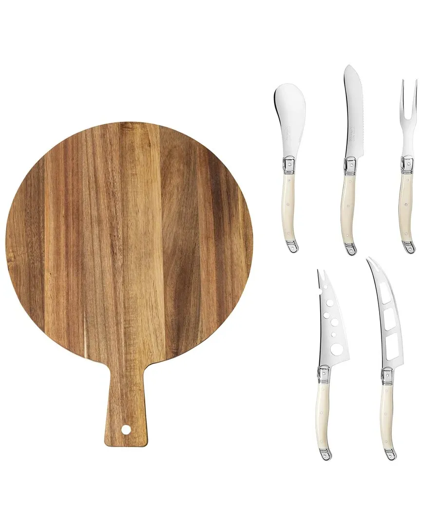 Laguiole 6pc Cheese Knife Set with Round Board - Ivory, Wood image