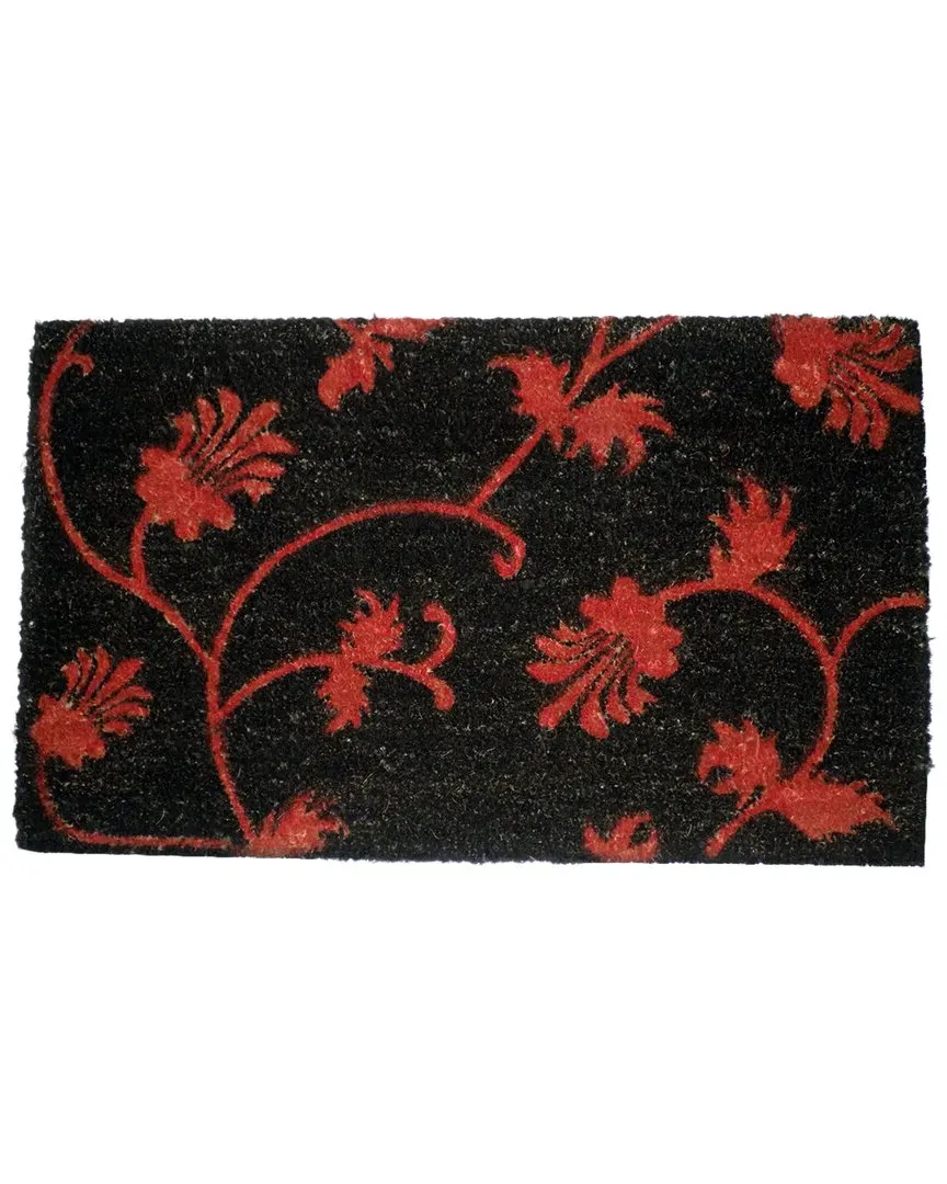 Coir Red Florals on Black Welcome Mat - Multicolor