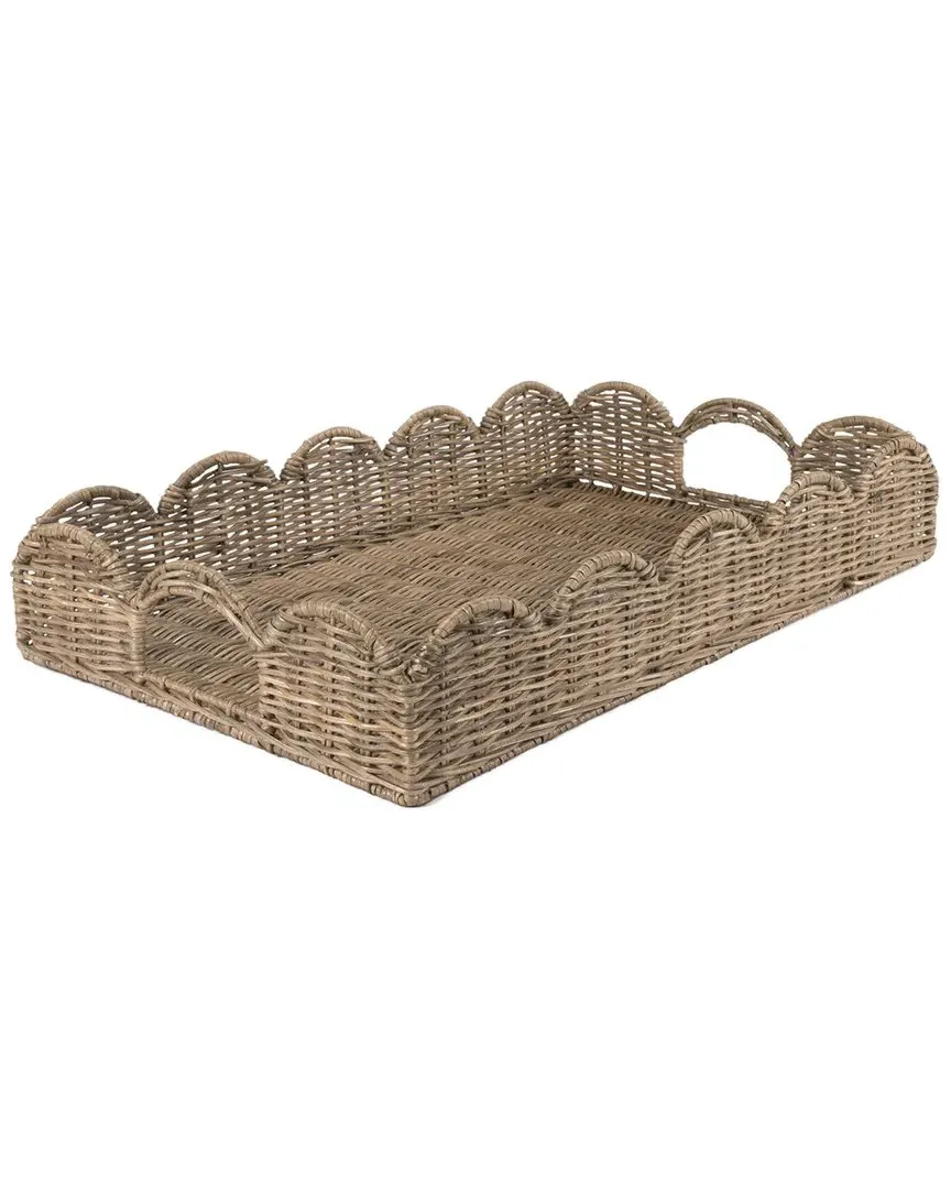 Scalloped Hand-Woven Rattan Tray with Handles - Brown image