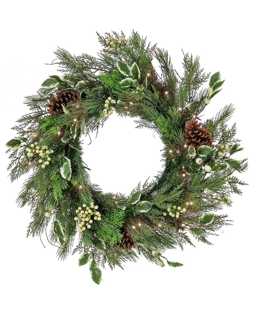 28in Holly & Berry Mixed Greenery Wreath - Green image