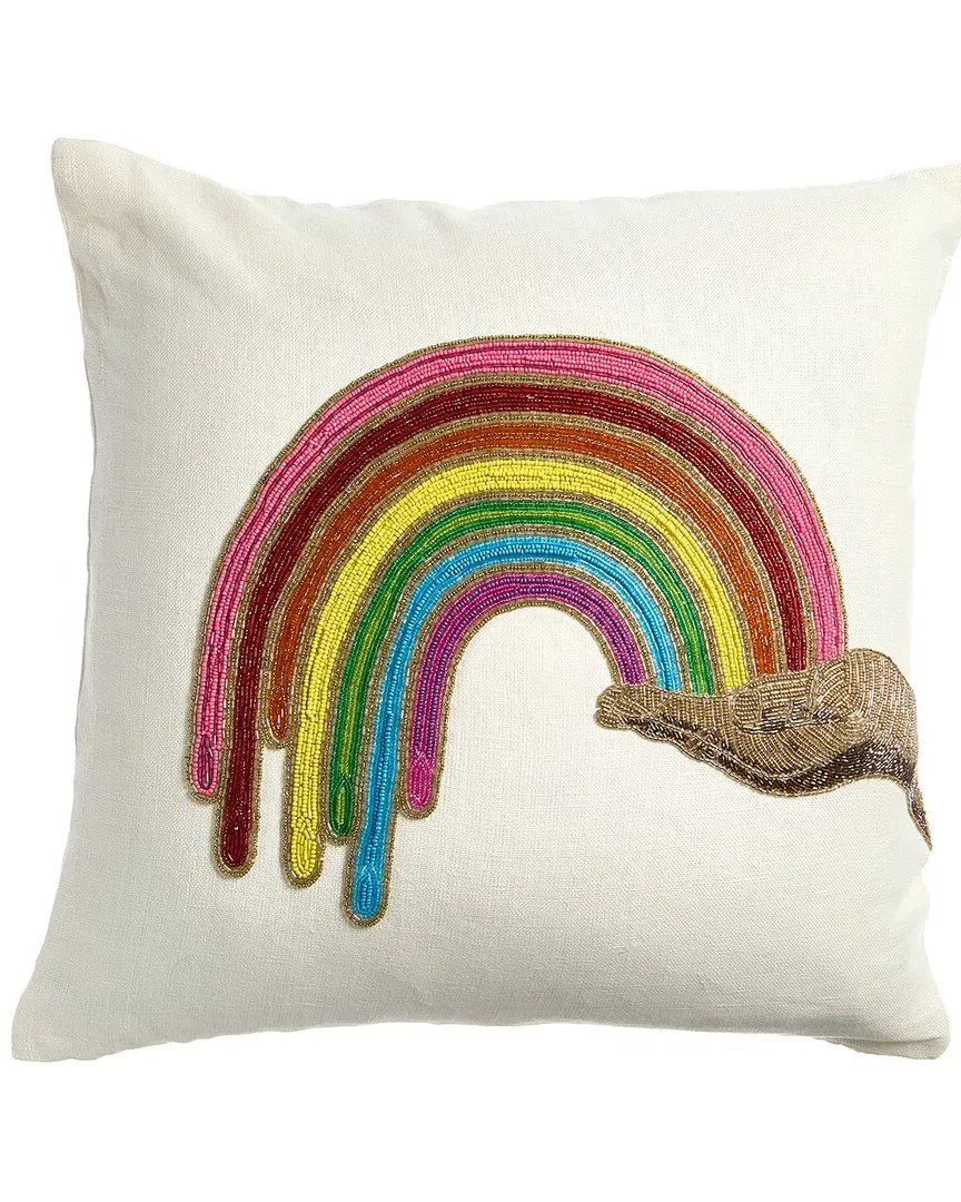 Rainbow Hand Beaded Pillow - Multicolor, Linen