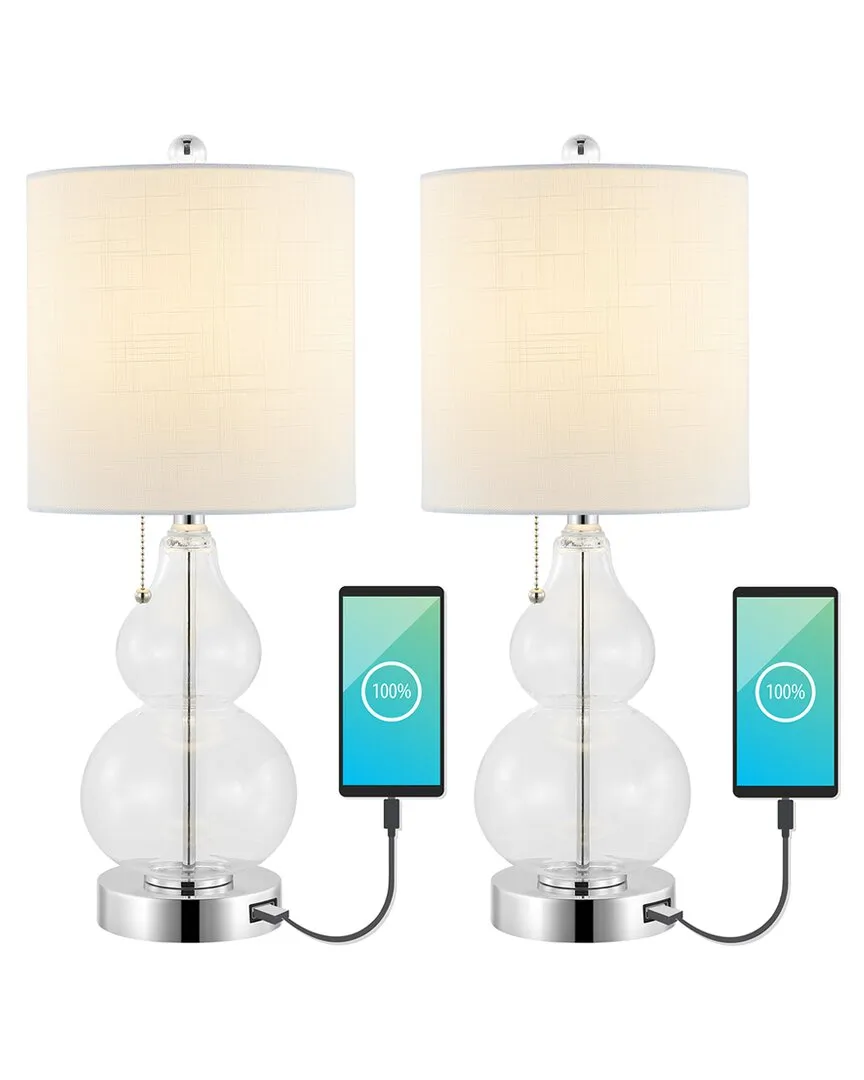 Cora Set of 2 Table Lamps with USB Charging - Silver, Glass