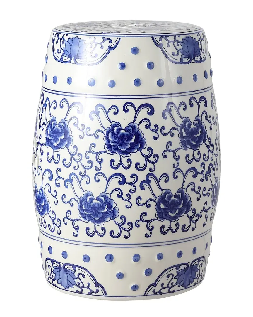 Lotus Flower Drum Garden Stool - Blue, Ceramic