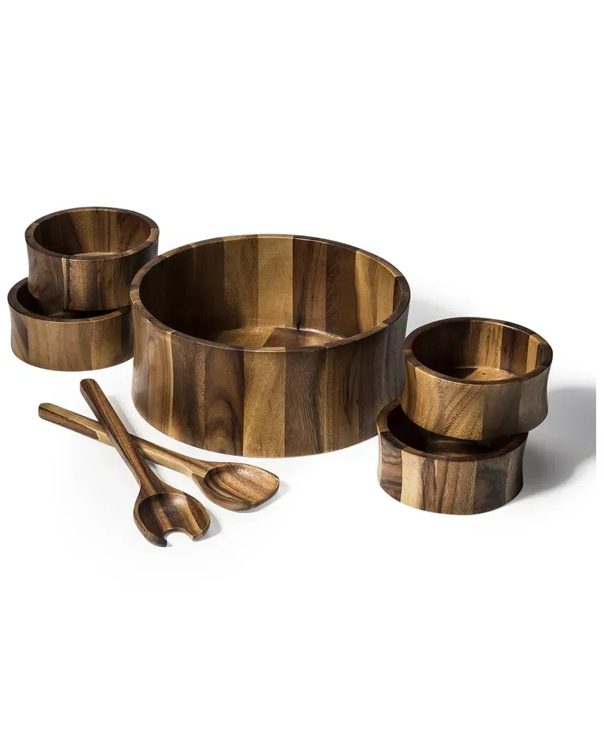 7pc Extra Large Salad Bowl with Servers & Bowls - Brown, Acacia image