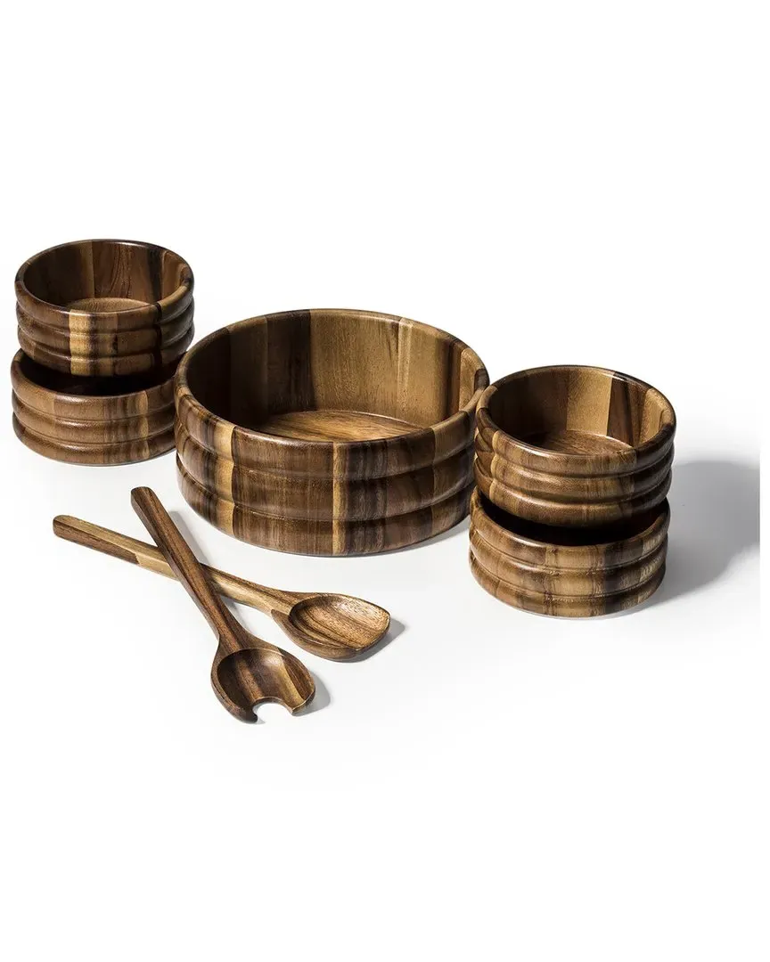 7pc Large Salad Bowl Set with Servers - Brown, Acacia Wood