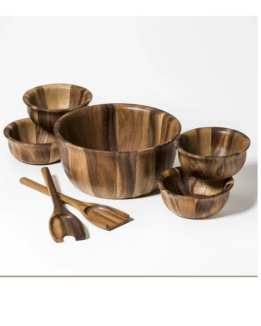 7pc Large Salad Bowl Set with Servers - Brown, Acacia Wood