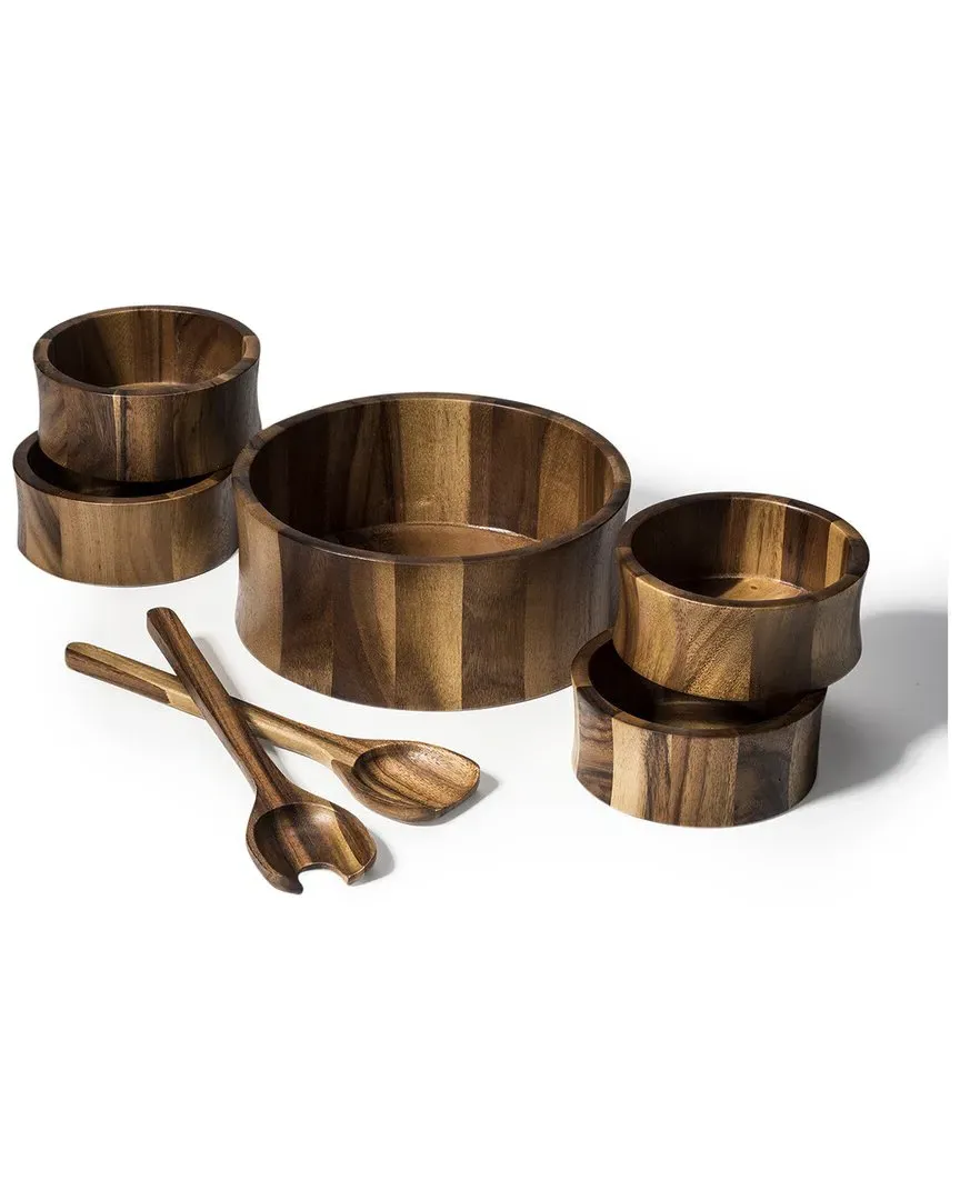 7pc Large Salad Bowl Set with Servers - Brown, Acacia Wood