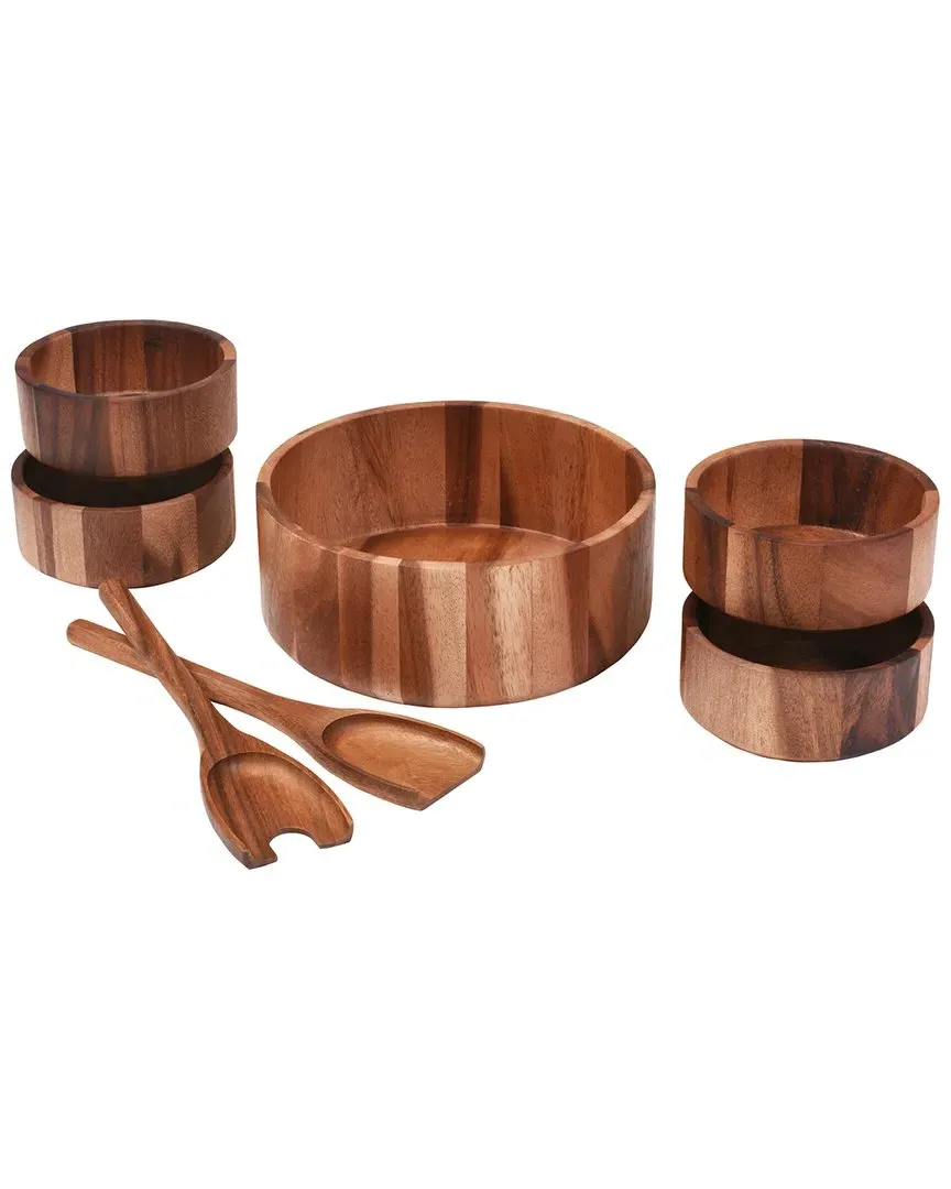 7pc Large Salad Bowl with Servers & Bowls - Brown, Acacia Wood