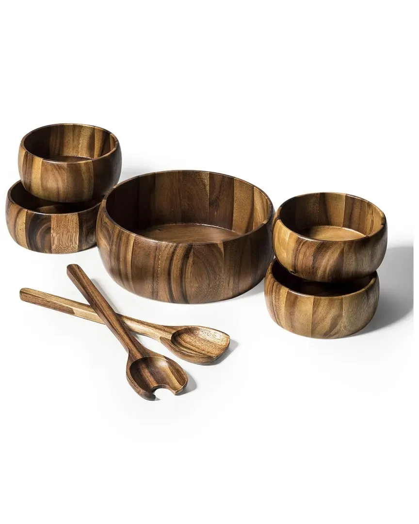 7pc Large Salad Bowl with Servers & Bowls - Brown, Acacia Wood