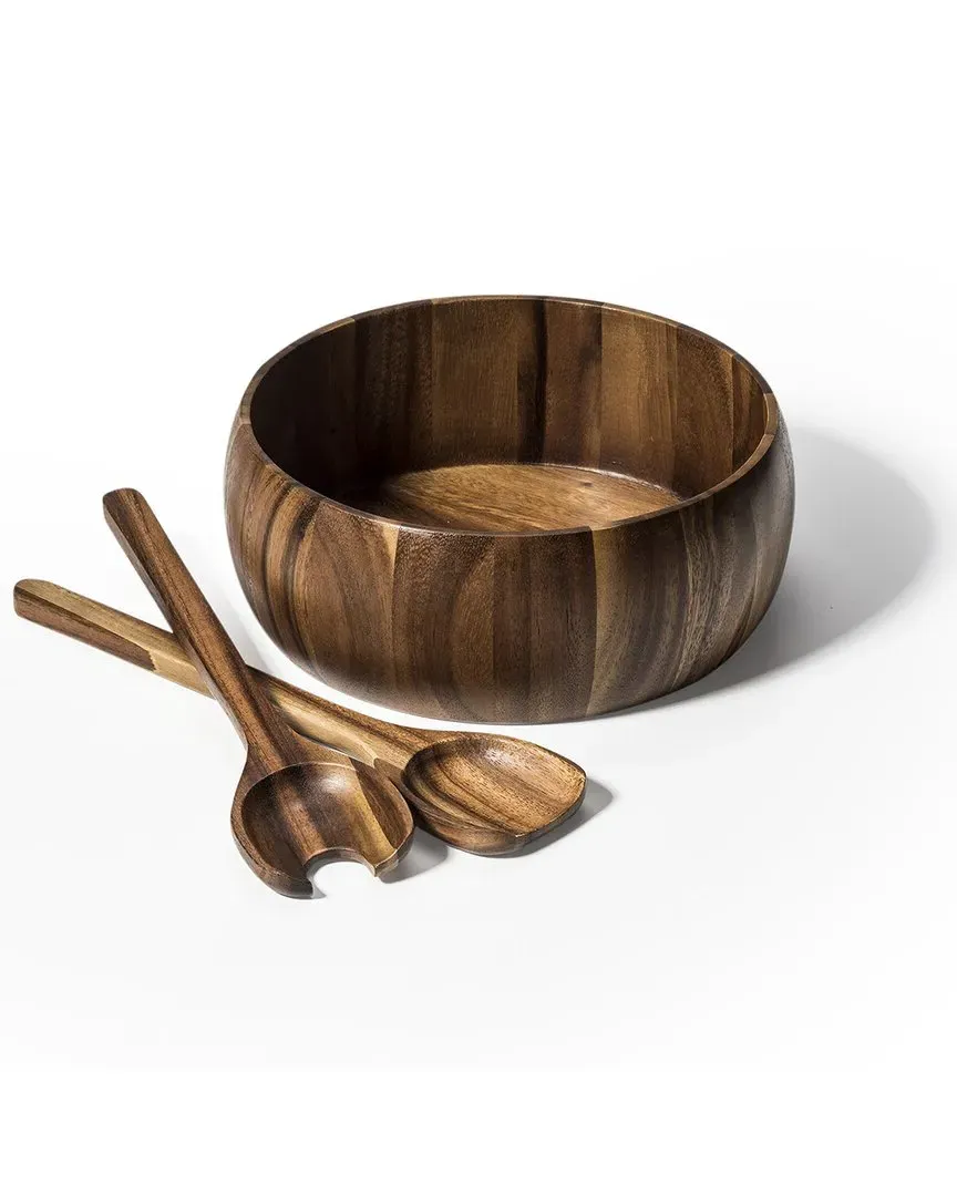 Large Salad Bowl with Servers - Brown, Acacia Wood