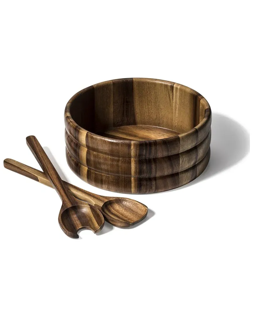 Large Salad Bowl with Servers - Brown, Acacia Wood