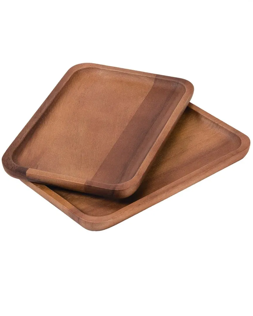 Set of 2 Rectangular Plates - Medium - Brown, Acacia Wood