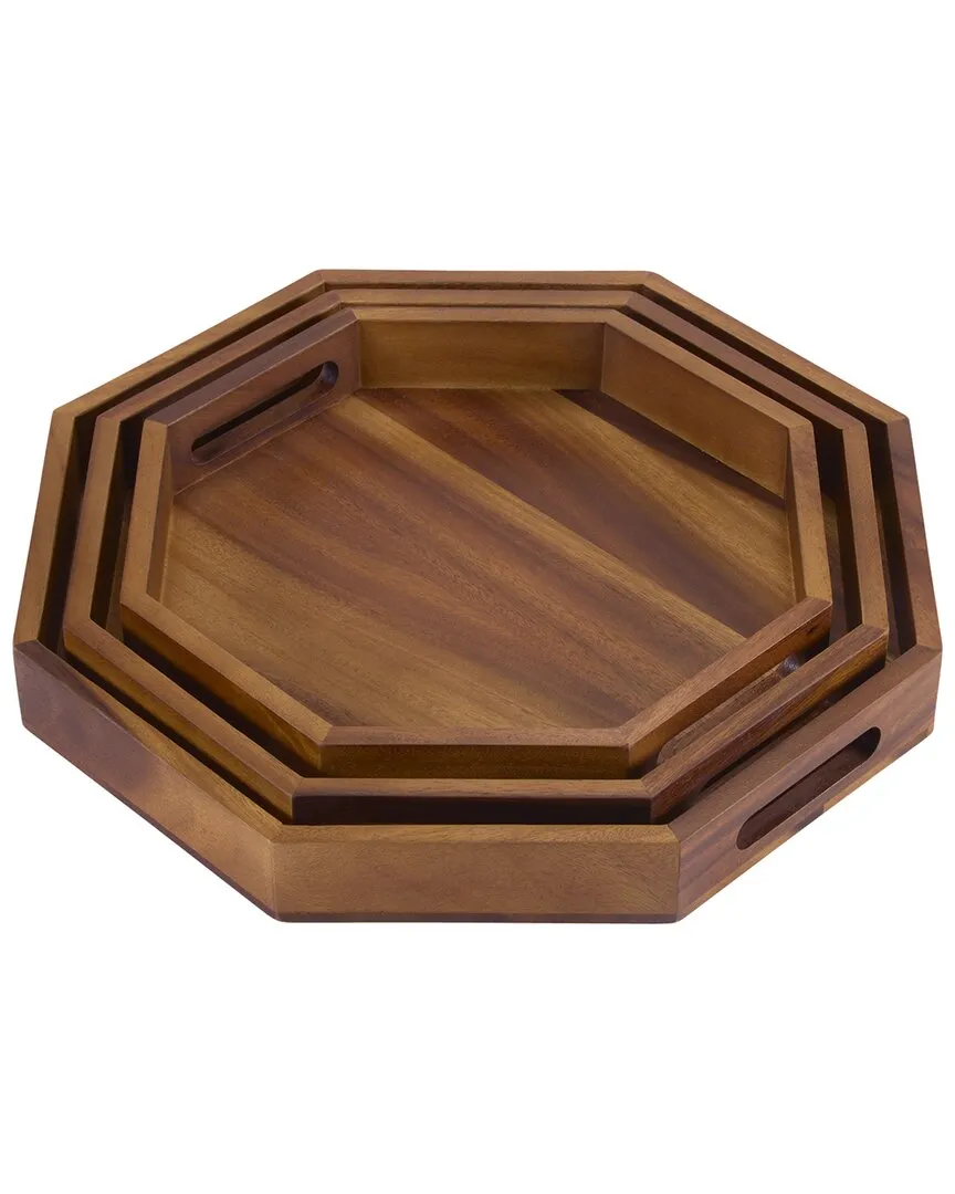 Set of 3 Octagon Serving Trays - Brown, Acacia Wood