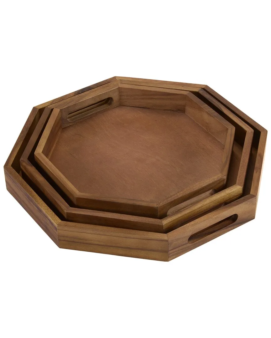 Set of 3 Octagon Serving Trays - Brown, Acacia Wood image