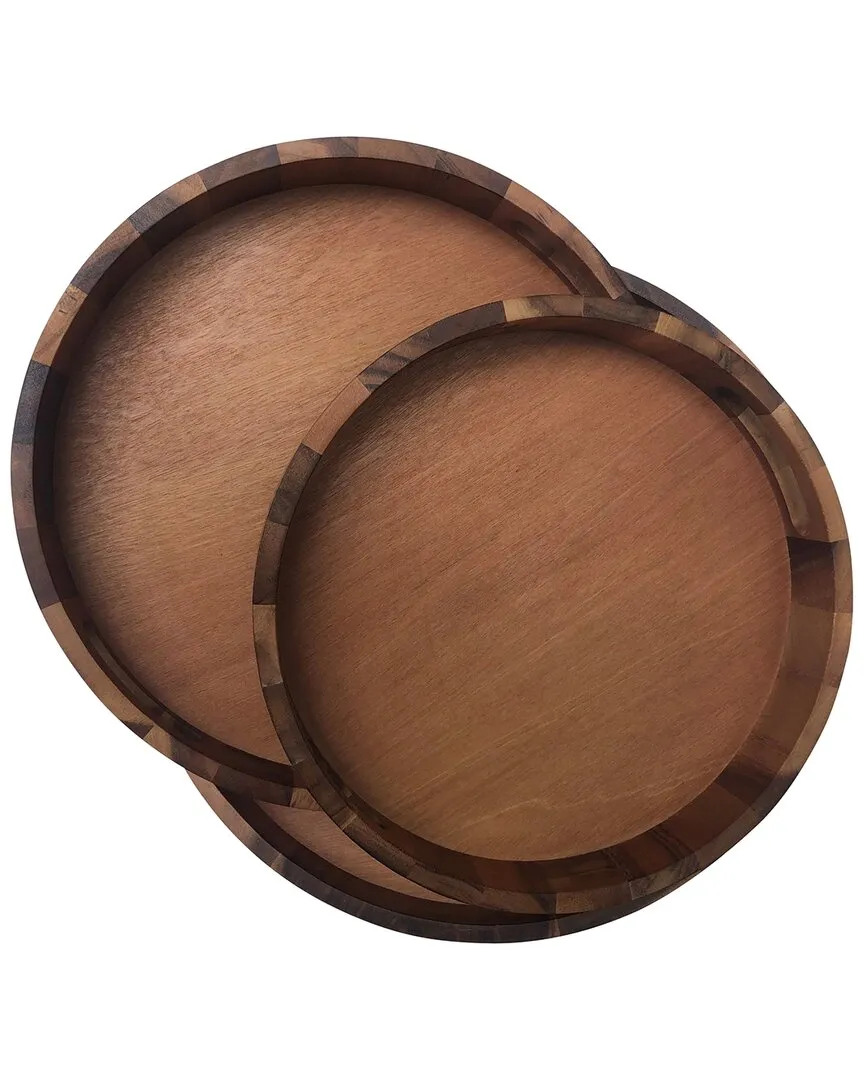 Set of 3 Round Serving Trays - Brown, Acacia Wood