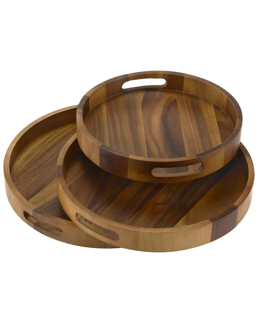 Set of 3 Round Serving Trays - Brown, Acacia Wood