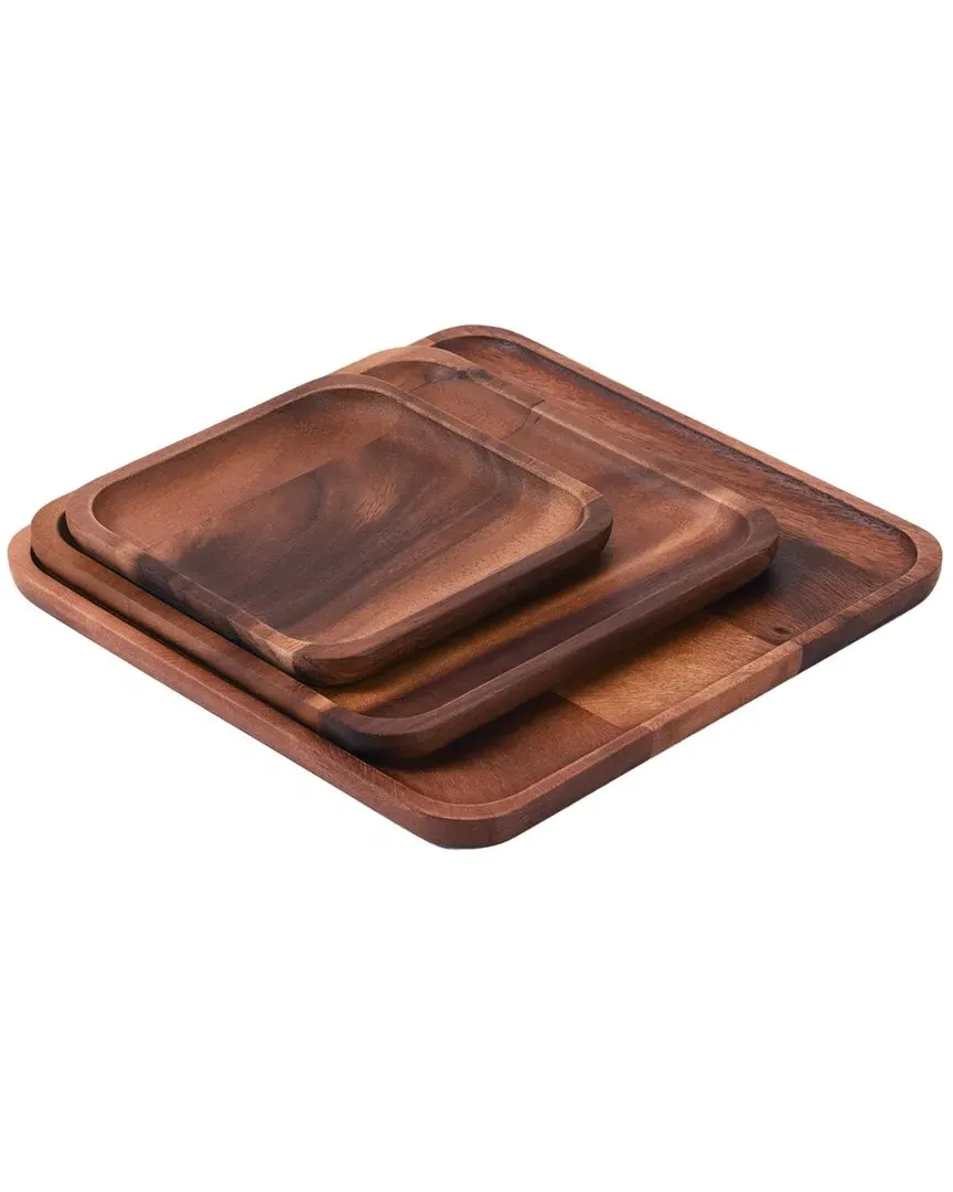 Set of 3 Square Plates - Brown, Acacia Wood image