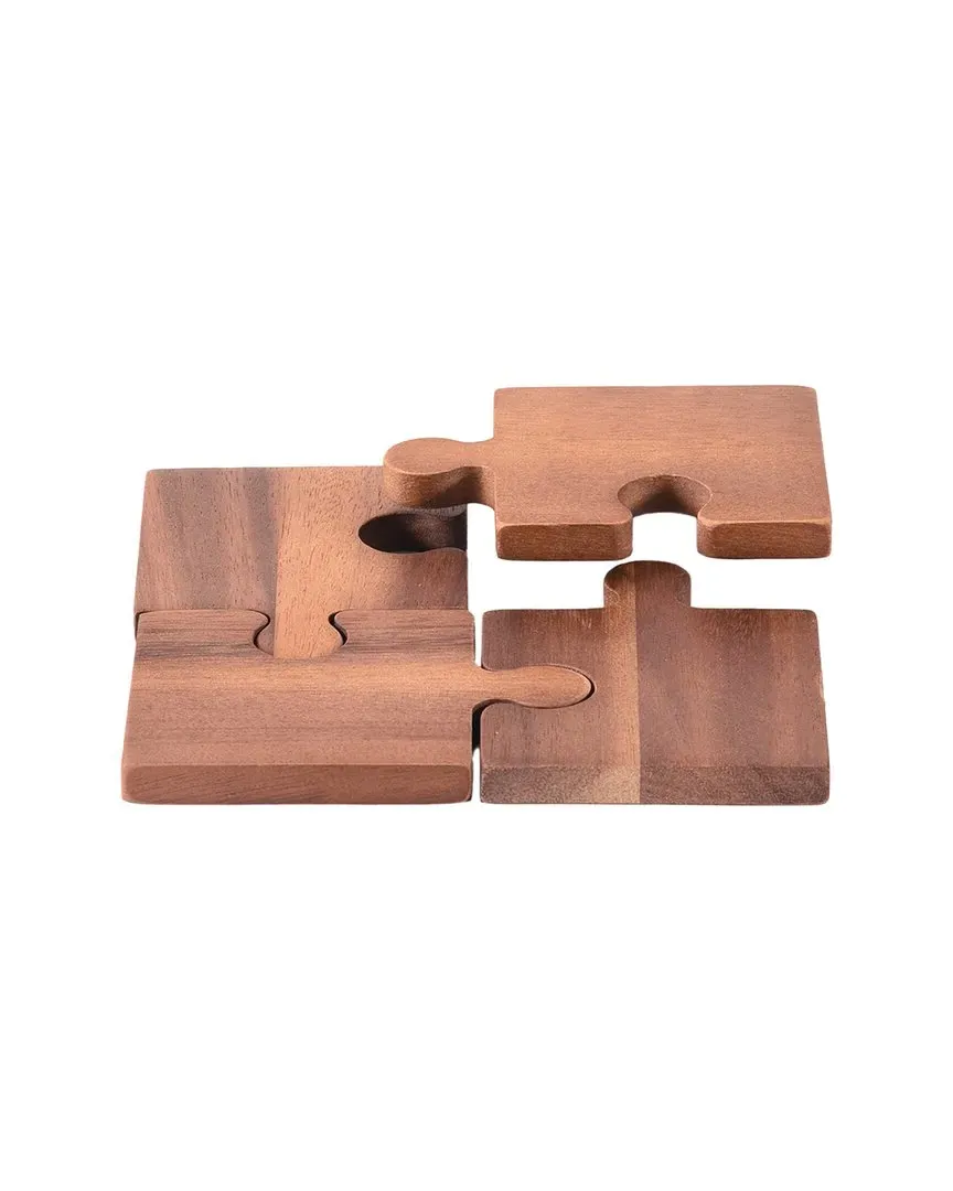Set Of 4 Puzzle Piece Coasters - Brown, Acacia Wood image