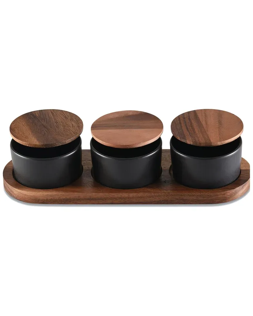 Triangular Condiment Set with 3 Ceramic Bowls - Brown, Acacia Wood image
