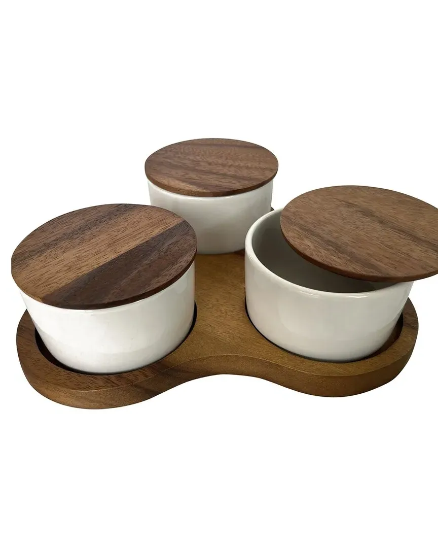 Triangular Serving Set with 3 Ceramic Dishes - Brown, Acacia Wood image