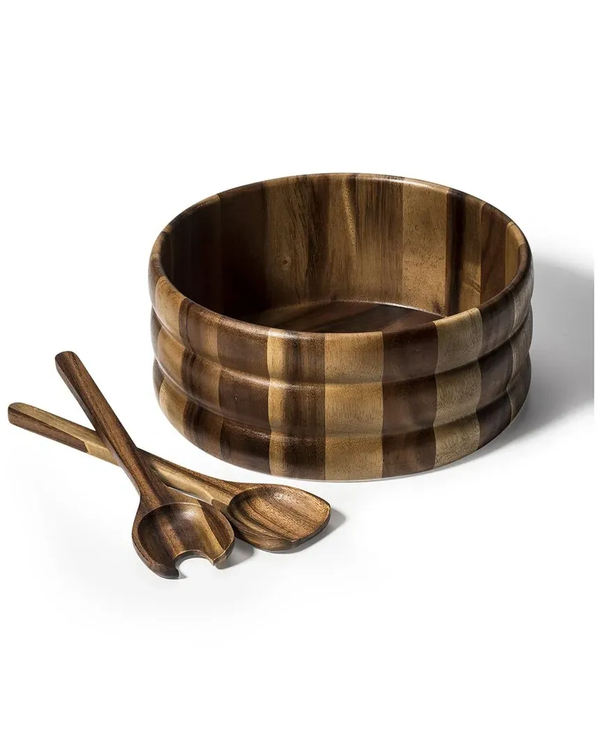 X-Large Salad Bowl Set with Servers - Brown, Acacia Wood