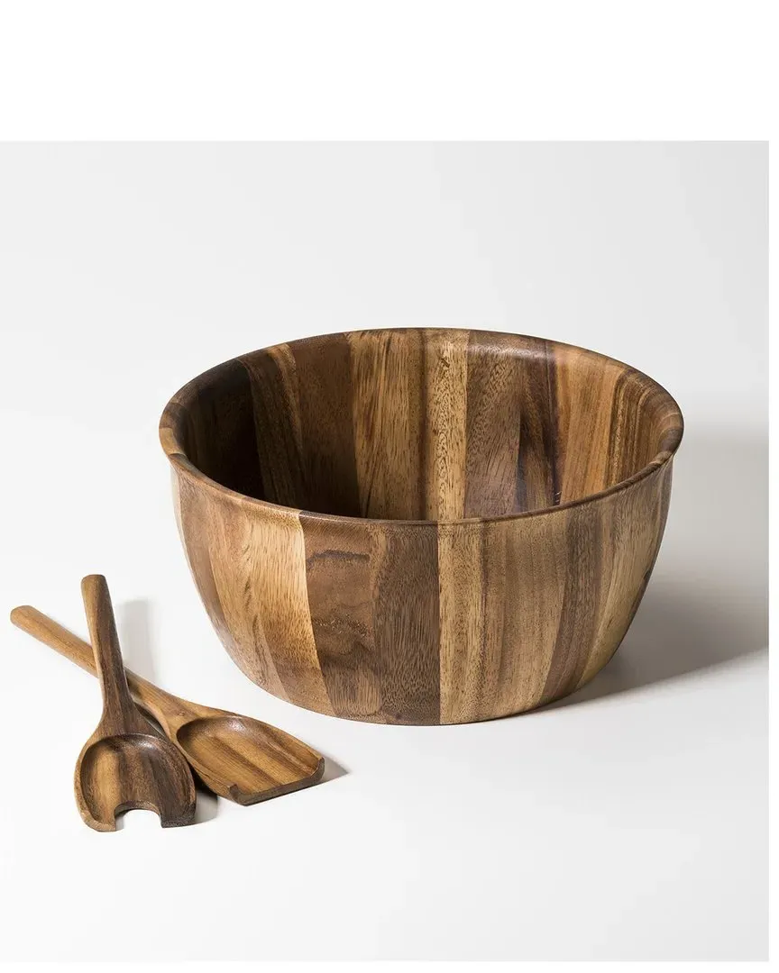 X-Large Salad Bowl Set with Servers - Brown, Acacia Wood