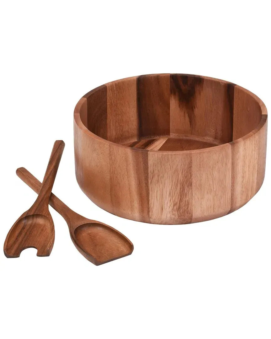 X-Large Salad Bowl Set with Servers - Brown, Acacia Wood