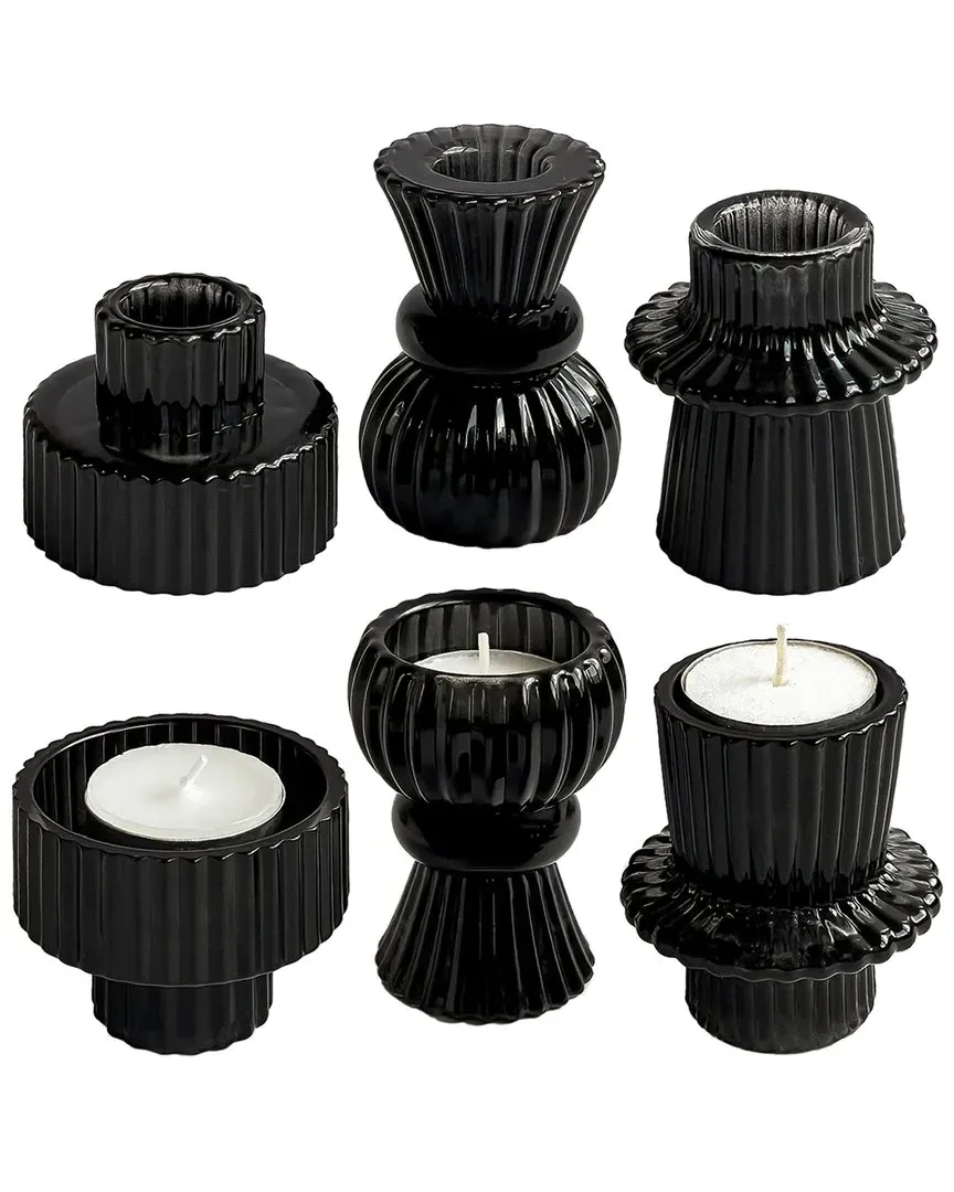 Set of 4 Ribbed Candlestick Holders - Black, Glass image