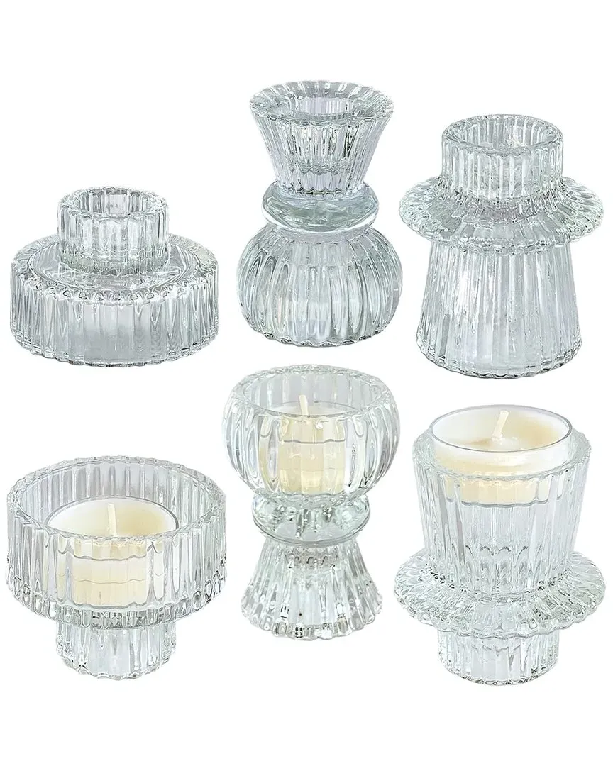 Set of 4 Ribbed Candlestick Holders - Clear, Glass