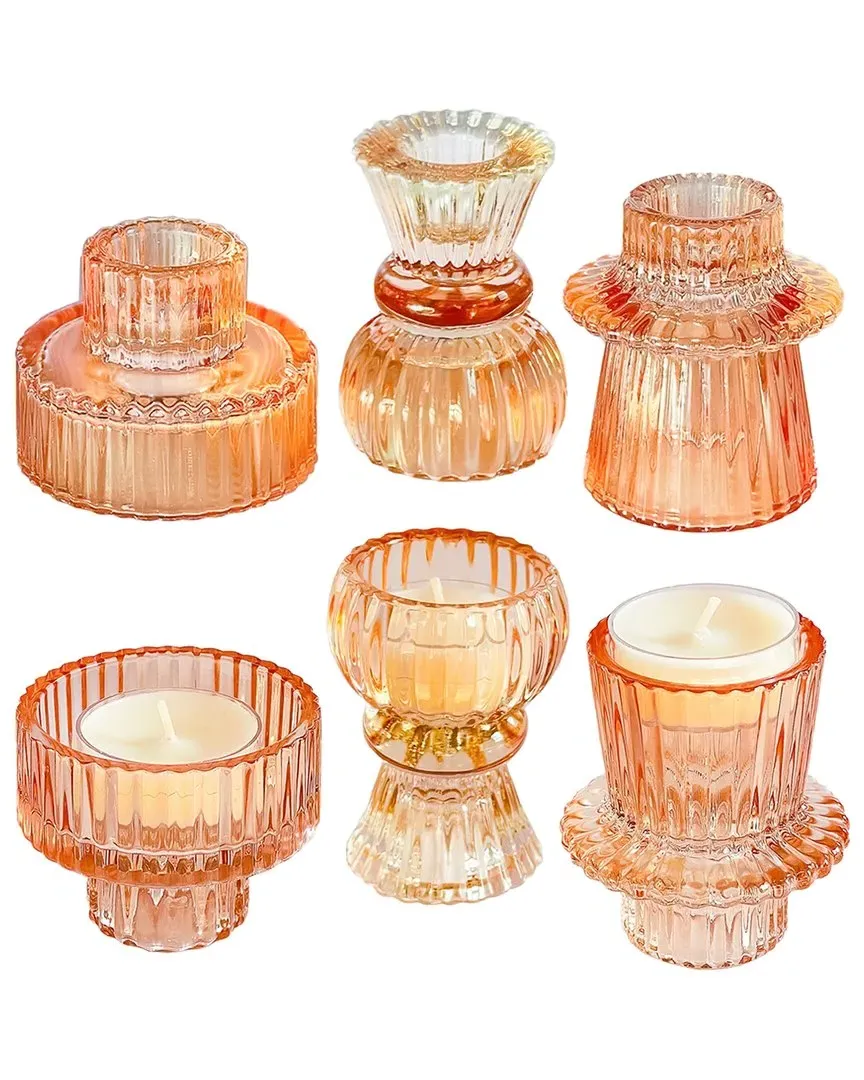 Set of 4 Ribbed Candlestick Holders - Pink, Glass