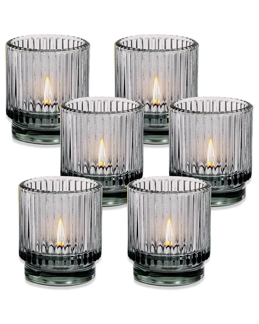 Set of 6 Ribbed Votive Candle Holders - Grey, Glass
