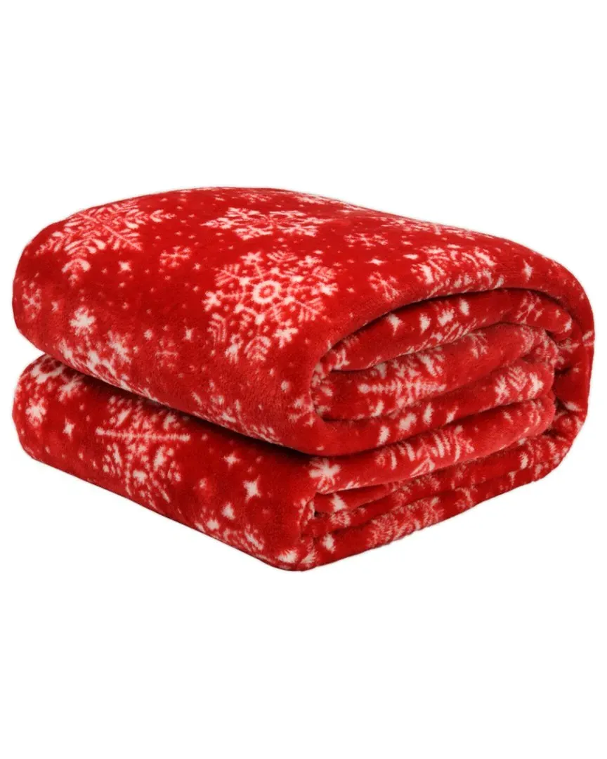Holiday Print Plush Flannel Throw Blanket - Red Snowflakes